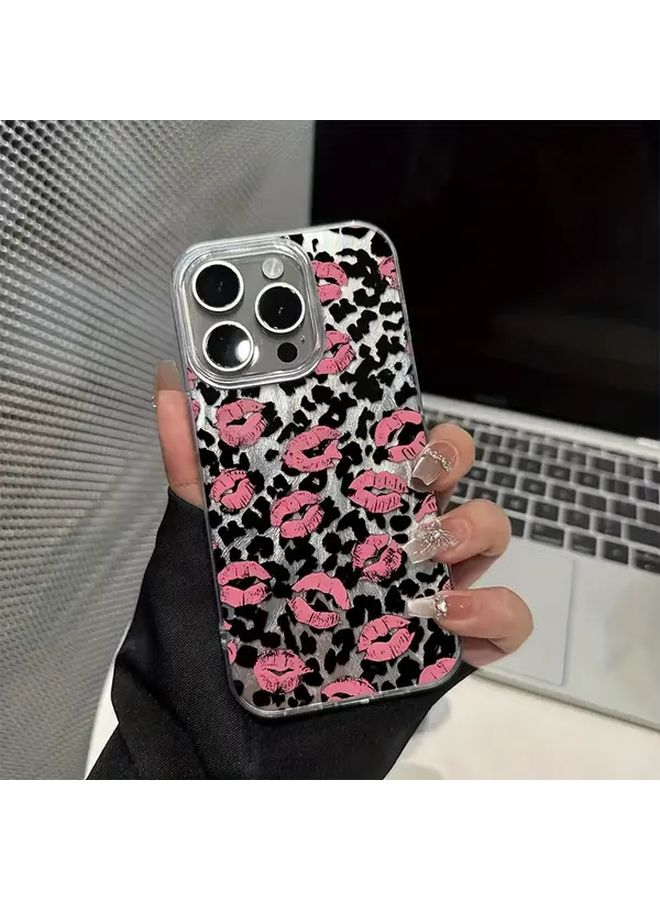 Transparent Leopard Red Lip Mobile Phone Case Anti Fall Double Layer Feather Mesh For iPhone 14 Plus - Image 1